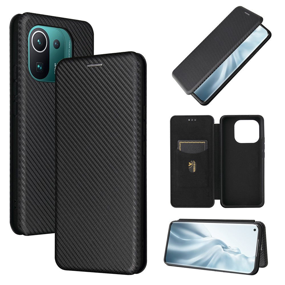 Carbon Fiber Texture Auto-absorbed Leather Stand Phone Shell Cover with Card Slot for Xiaomi Mi 11 Pro