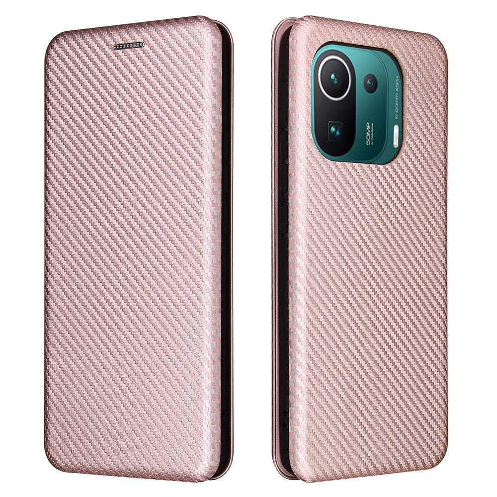 Carbon Fiber Texture Auto-absorbed Leather Stand Phone Shell Cover with Card Slot for Xiaomi Mi 11 Pro