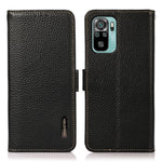 KHAZNEH Stöldskyddande Litchi Skin Äkta Läder Mobilskal med RFID-blockerande plånboksdesign för Xiaomi Redmi Note 10 4G / Note 10S / Poco M5s 4G