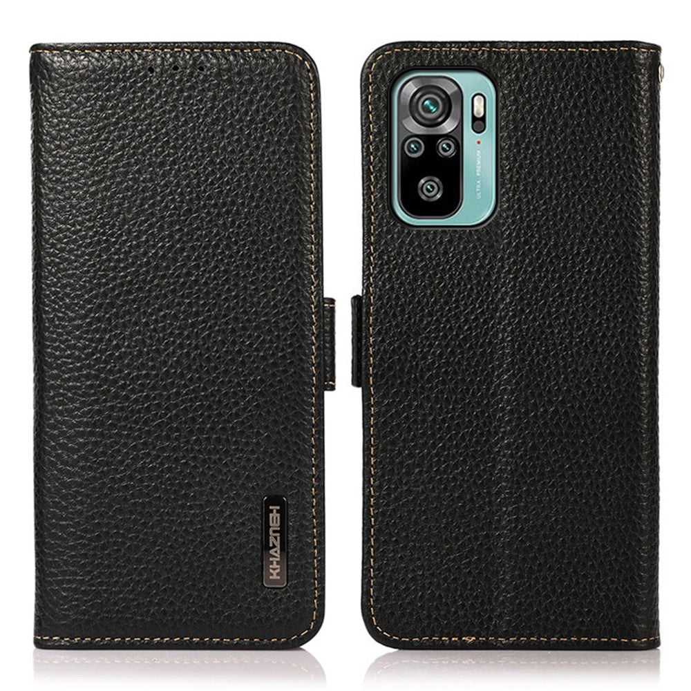 KHAZNEH Stöldskyddande Litchi Skin Äkta Läder Mobilskal med RFID-blockerande plånboksdesign för Xiaomi Redmi Note 10 4G / Note 10S / Poco M5s 4G
