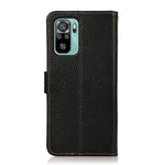 KHAZNEH Stöldskyddande Litchi Skin Äkta Läder Mobilskal med RFID-blockerande plånboksdesign för Xiaomi Redmi Note 10 4G / Note 10S / Poco M5s 4G