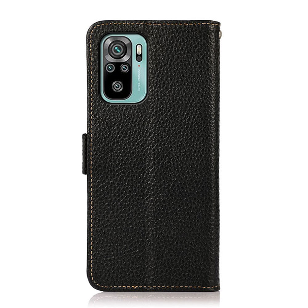 KHAZNEH Stöldskyddande Litchi Skin Äkta Läder Mobilskal med RFID-blockerande plånboksdesign för Xiaomi Redmi Note 10 4G / Note 10S / Poco M5s 4G