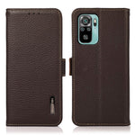 KHAZNEH Stöldskyddande Litchi Skin Äkta Läder Mobilskal med RFID-blockerande plånboksdesign för Xiaomi Redmi Note 10 4G / Note 10S / Poco M5s 4G