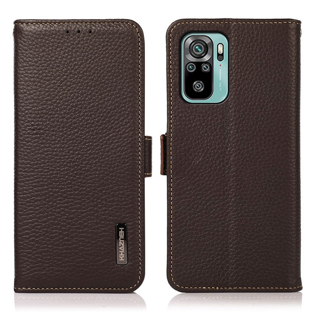 KHAZNEH Stöldskyddande Litchi Skin Äkta Läder Mobilskal med RFID-blockerande plånboksdesign för Xiaomi Redmi Note 10 4G / Note 10S / Poco M5s 4G