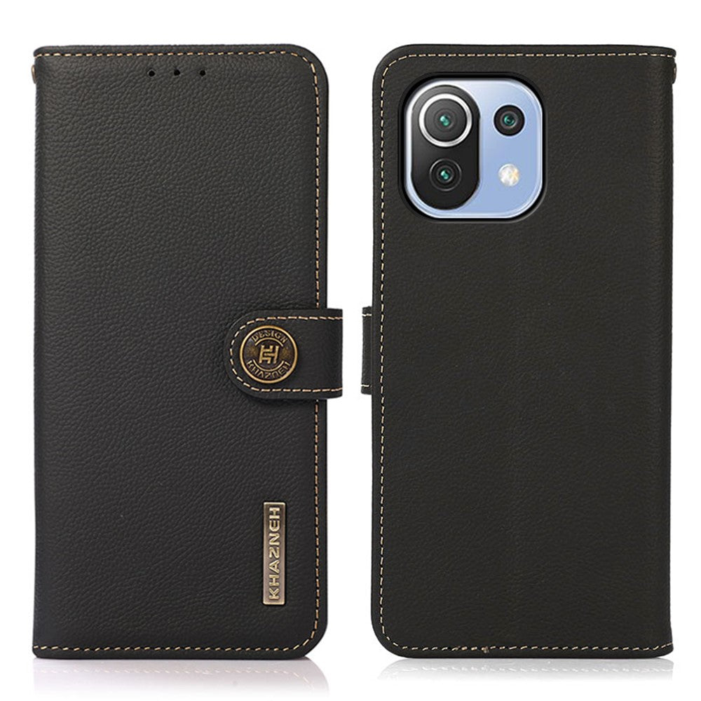 KHAZNEH Genuine Leather Phone Shell Full Protection Case with RFID Blocking Anti-theft Swiping Design for Xiaomi Mi 11 Lite 4G / 5G / 11 Lite 5G NE