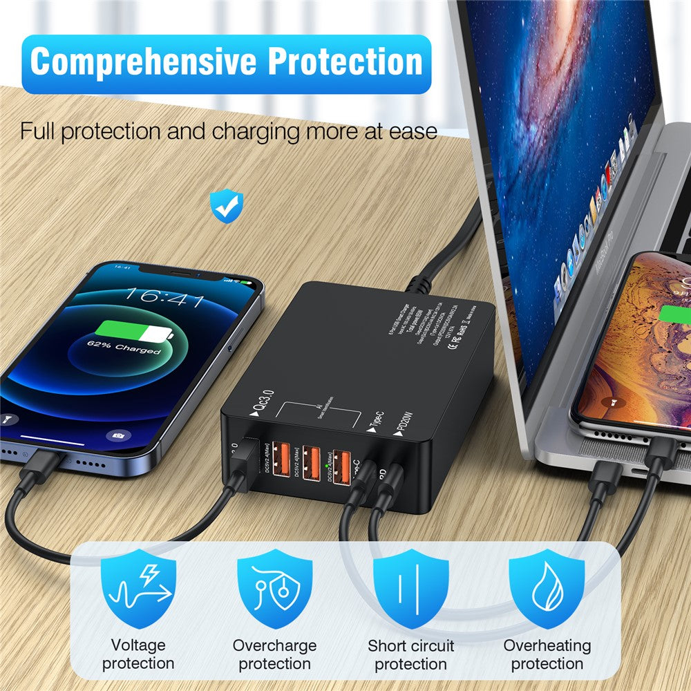 Multiport USB QC3.0 Oplader Type-C PD20W Telefon Tablet Bluetooth-kompatibel Hovedtelefon Hurtig Opladning Strømadapter