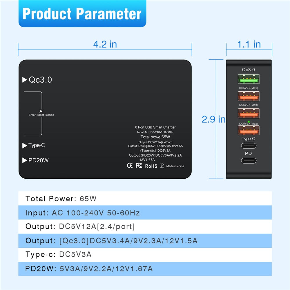 Multiport USB QC3.0 Oplader Type-C PD20W Telefon Tablet Bluetooth-kompatibel Hovedtelefon Hurtig Opladning Strømadapter