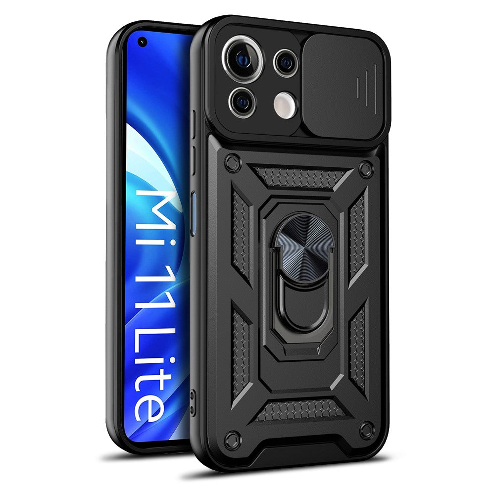 Shockproof Camera Slide Phone Case Cover with Kickstand Ring Holder for Xiaomi Mi 11 Lite 4G / 5G / 11 Lite 5G NE