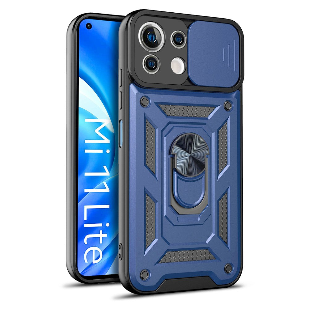 Shockproof Camera Slide Phone Case Cover with Kickstand Ring Holder for Xiaomi Mi 11 Lite 4G / 5G / 11 Lite 5G NE