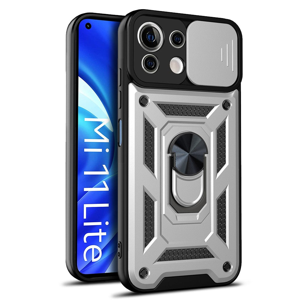 Shockproof Camera Slide Phone Case Cover with Kickstand Ring Holder for Xiaomi Mi 11 Lite 4G / 5G / 11 Lite 5G NE