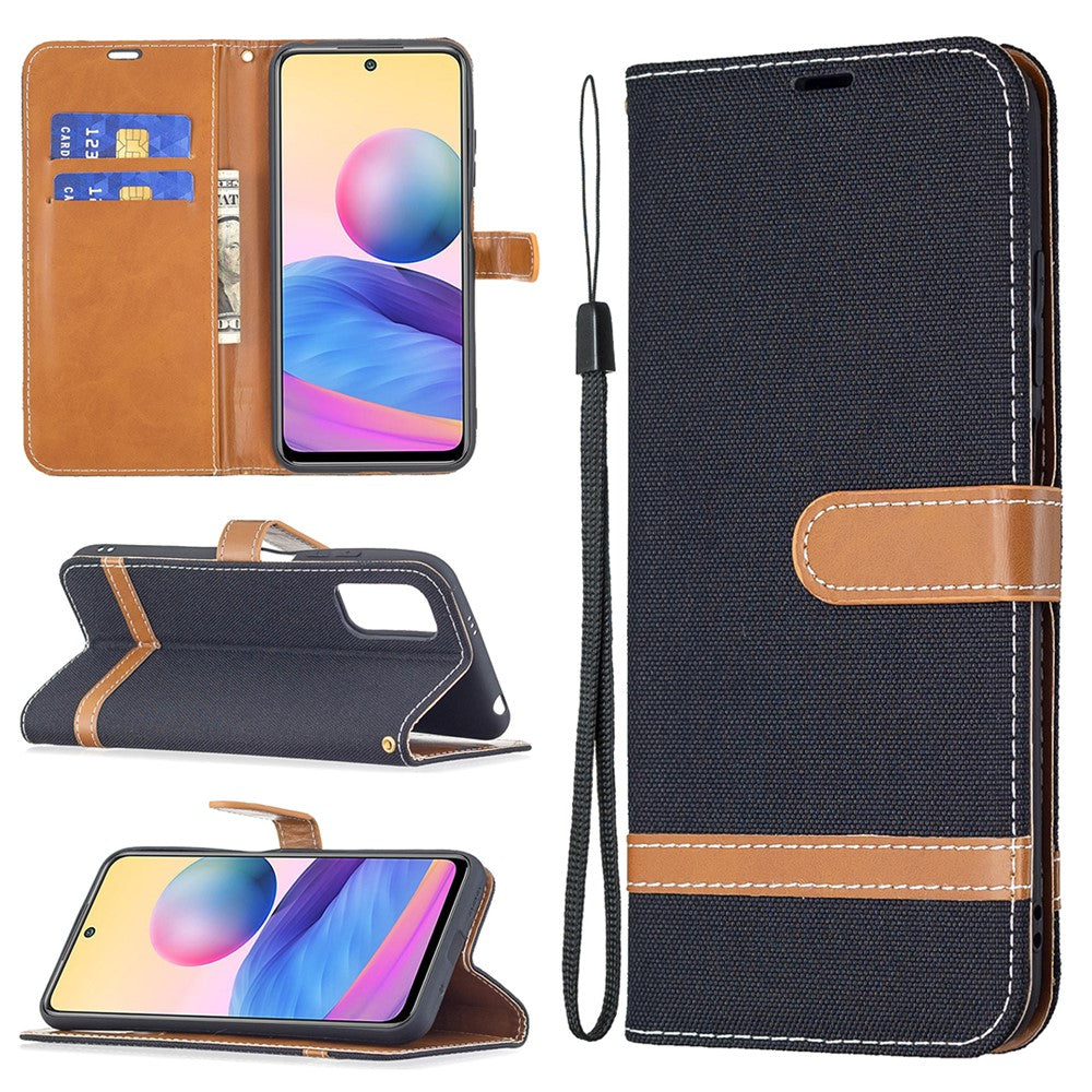 For Xiaomi Redmi Note 10 5G/Poco M3 Pro 4G/Poco M3 Pro 5G Jeans Cloth Splicing Leather Wallet Stand Phone Cover