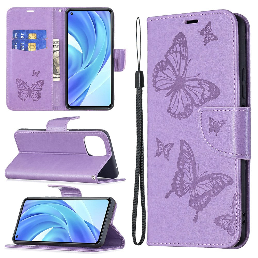 Imprint Butterfly Pattern Leather Stand Wallet Case with Strap for Xiaomi Mi 11 Lite 4G / 5G  / 11 Lite 5G NE