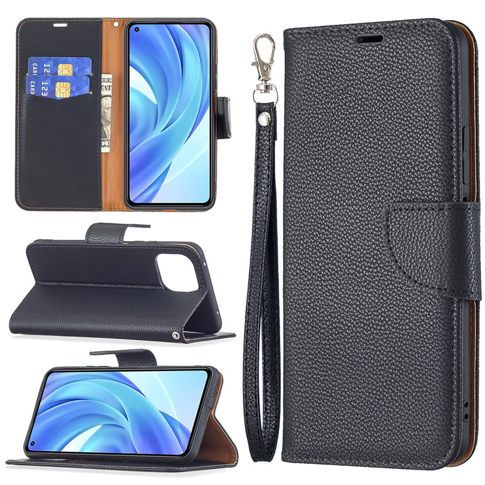 Litchi Texture Wallet Stand Leather Phone Case with Wrist Strap for Xiaomi Mi 11 Lite 4G / 5G /11 Lite 5G NE