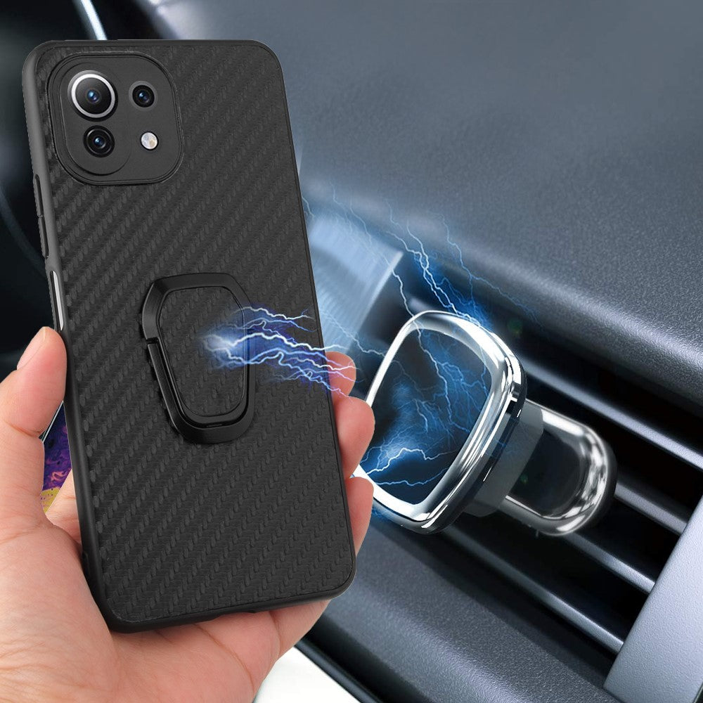 Full Body Scratch Resistant PU + TPU Ring-Shape Kickstand Protective Phone Cover for Xiaomi Mi 11 Lite 4G / 5G /11 Lite 5G NE