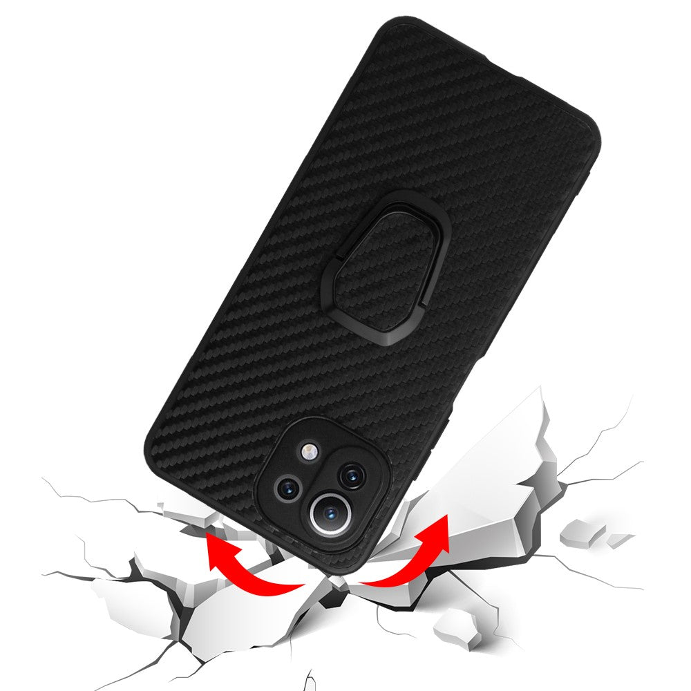 Full Body Scratch Resistant PU + TPU Ring-Shape Kickstand Protective Phone Cover for Xiaomi Mi 11 Lite 4G / 5G /11 Lite 5G NE