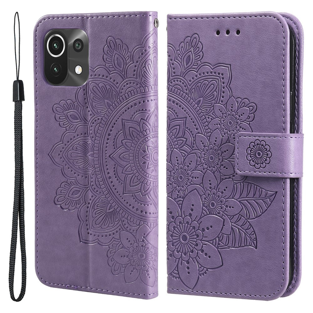 PU Leather Imprint Flowers Pattern Wallet Phone Case with Lanyard for Xiaomi Mi 11 Lite 4G / 5G /11 Lite 5G NE