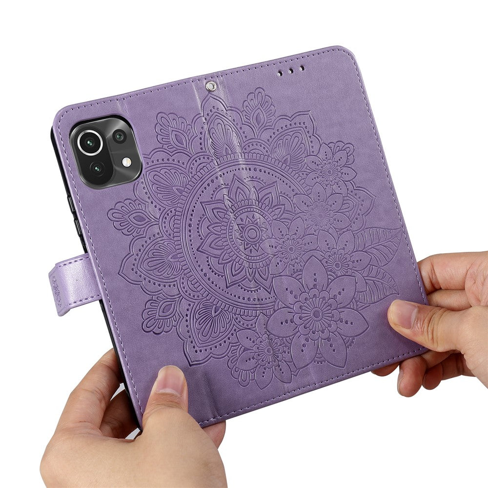 PU Leather Imprint Flowers Pattern Wallet Phone Case with Lanyard for Xiaomi Mi 11 Lite 4G / 5G /11 Lite 5G NE