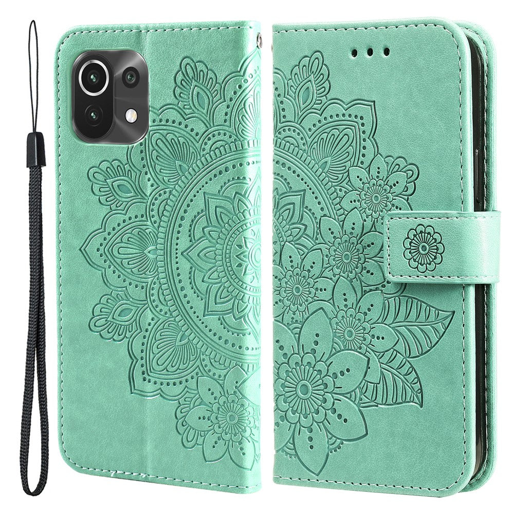 PU Leather Imprint Flowers Pattern Wallet Phone Case with Lanyard for Xiaomi Mi 11 Lite 4G / 5G /11 Lite 5G NE