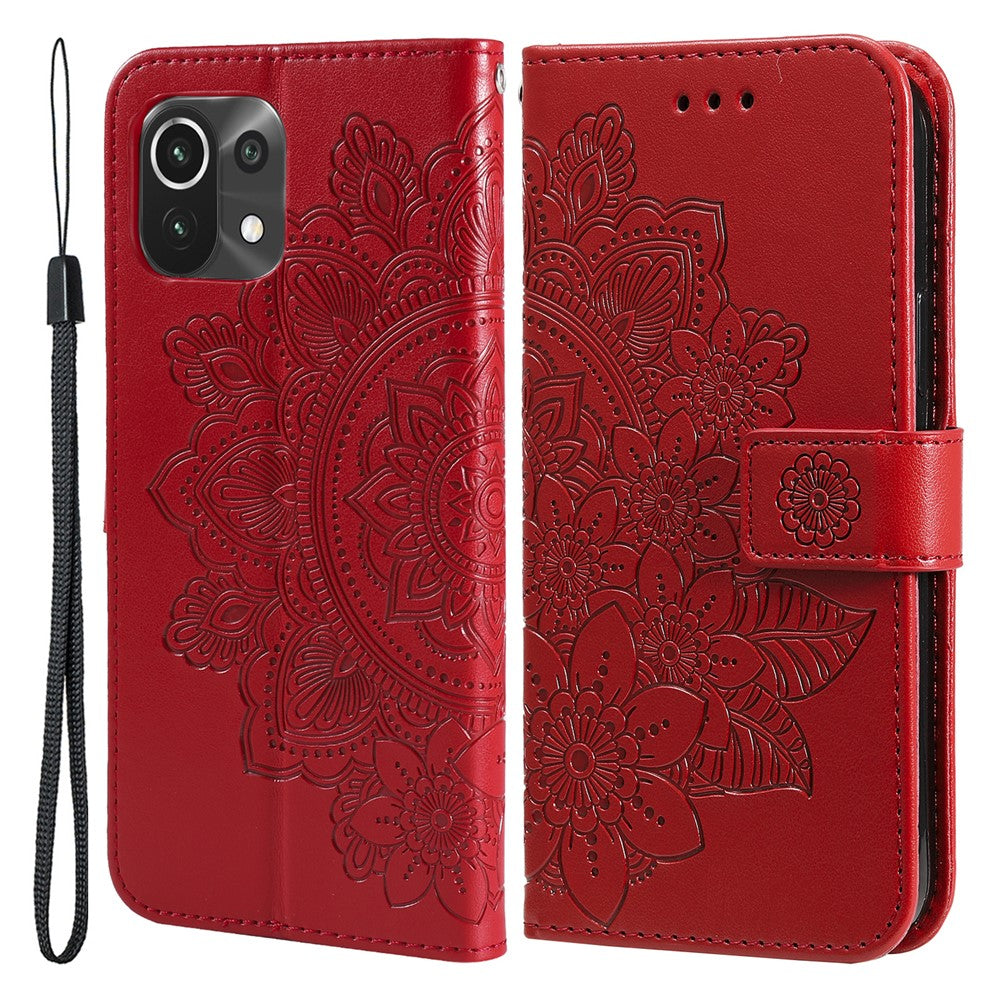 PU Leather Imprint Flowers Pattern Wallet Phone Case with Lanyard for Xiaomi Mi 11 Lite 4G / 5G /11 Lite 5G NE