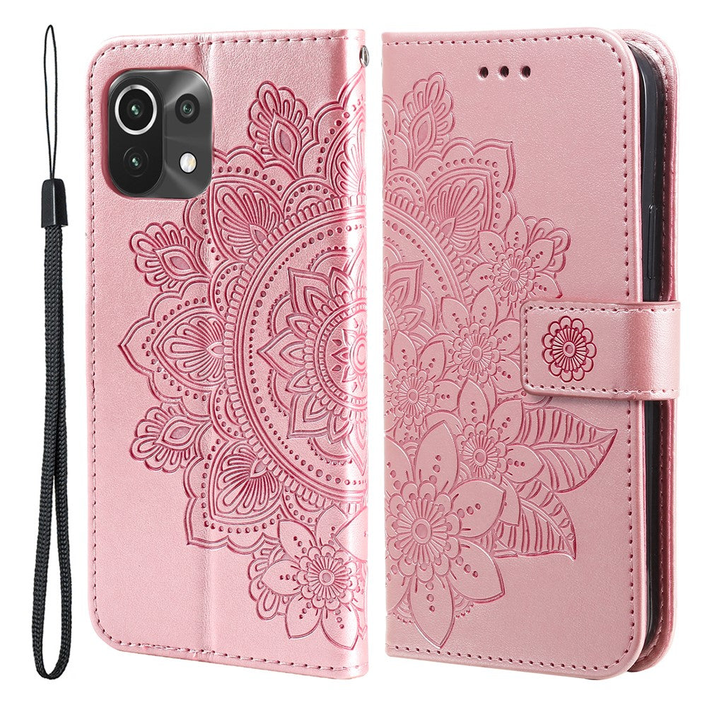 PU Leather Imprint Flowers Pattern Wallet Phone Case with Lanyard for Xiaomi Mi 11 Lite 4G / 5G /11 Lite 5G NE