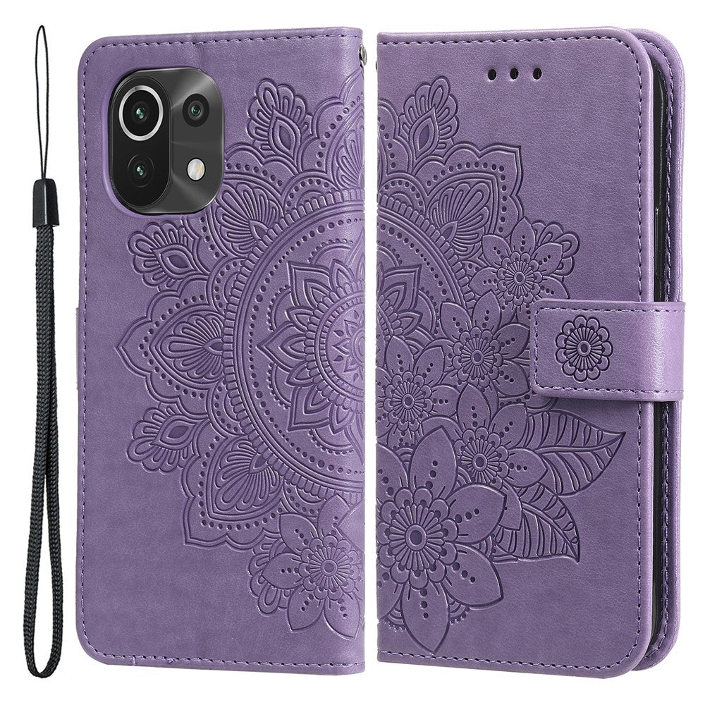 PU Leather Imprint Flowers Pattern Wallet Phone Case with Lanyard for Xiaomi Mi 11