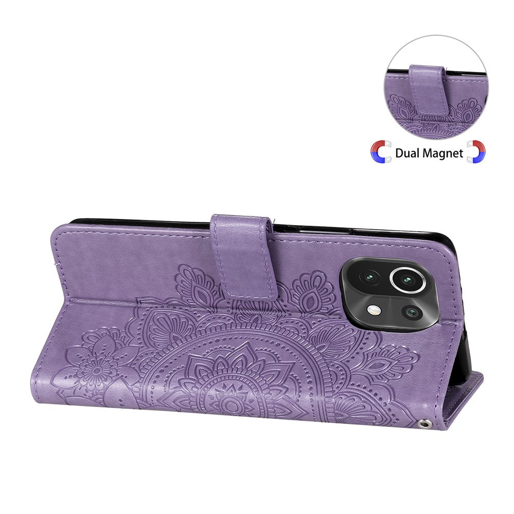 PU Leather Imprint Flowers Pattern Wallet Phone Case with Lanyard for Xiaomi Mi 11
