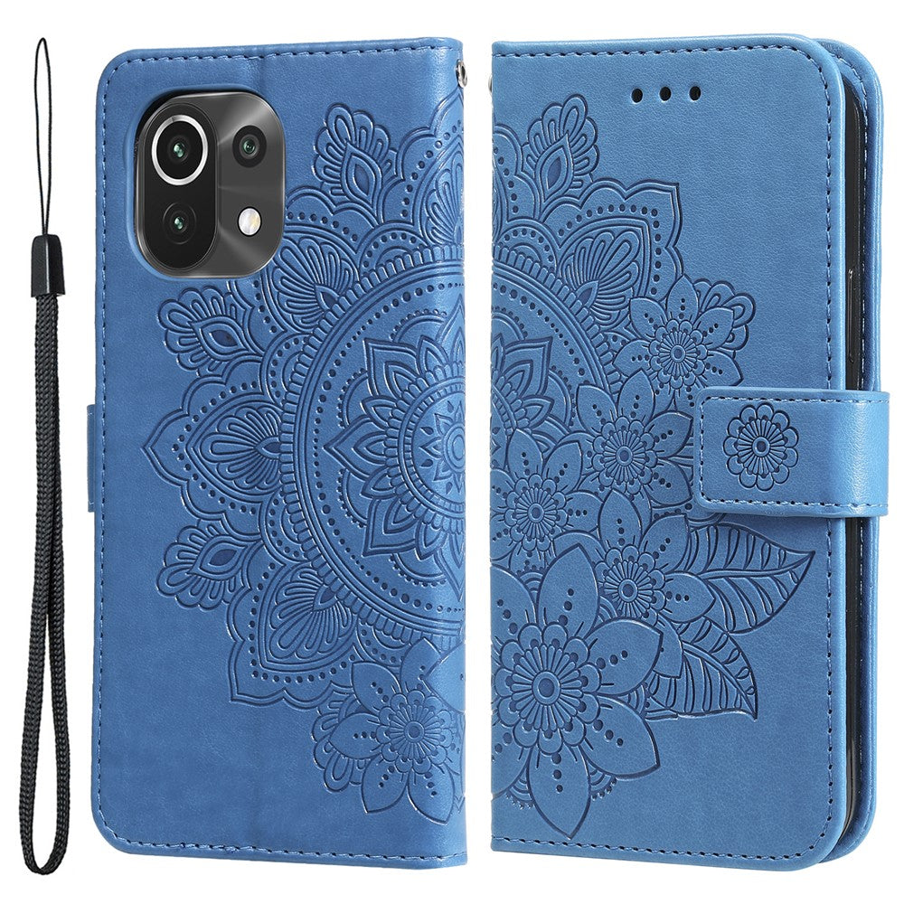 PU Leather Imprint Flowers Pattern Wallet Phone Case with Lanyard for Xiaomi Mi 11