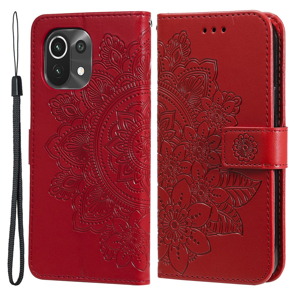 PU Leather Imprint Flowers Pattern Wallet Phone Case with Lanyard for Xiaomi Mi 11