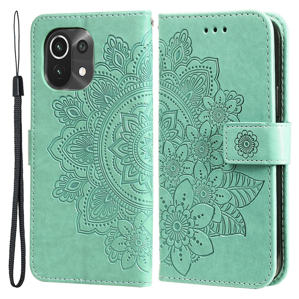 PU Leather Imprint Flowers Pattern Wallet Phone Case with Lanyard for Xiaomi Mi 11