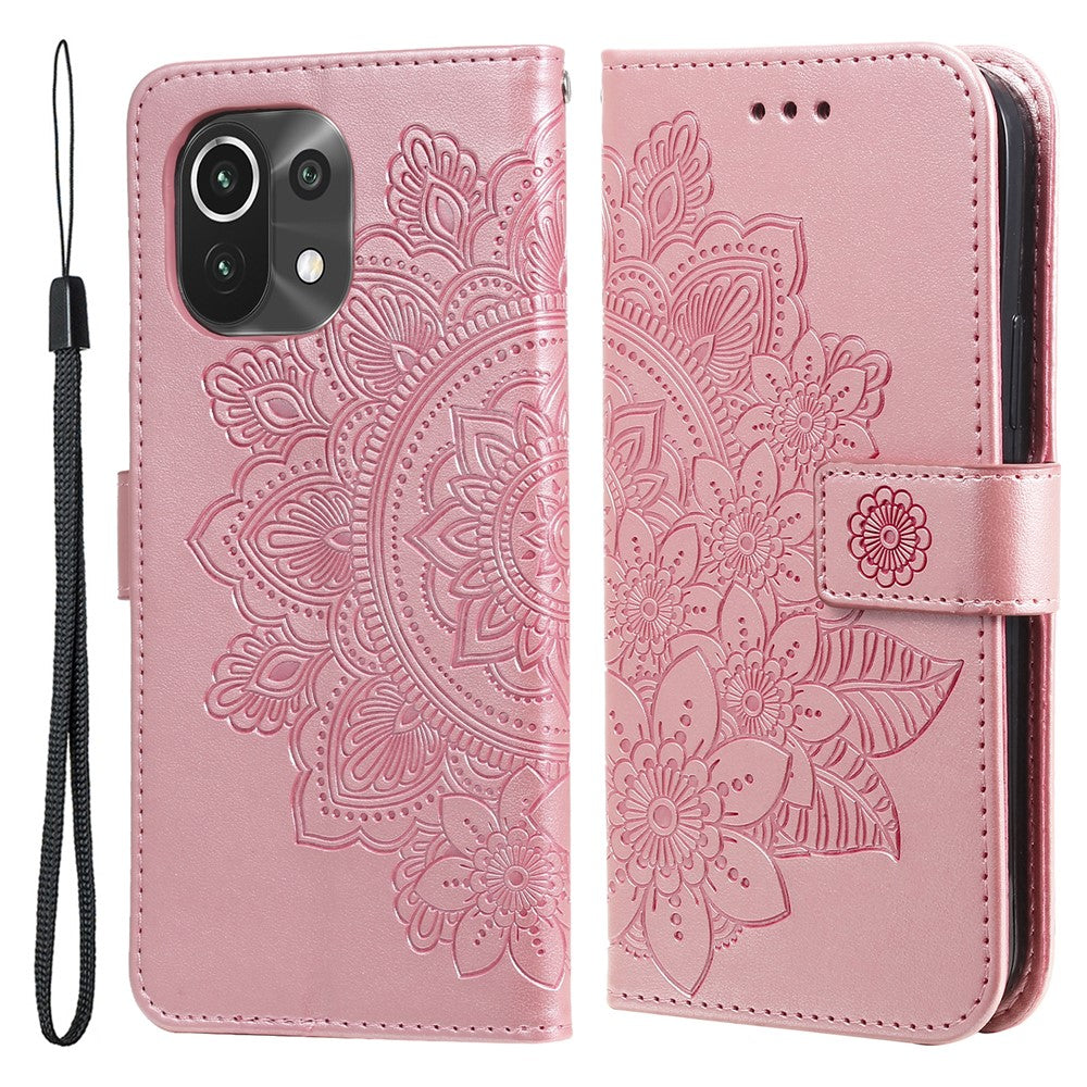 PU Leather Imprint Flowers Pattern Wallet Phone Case with Lanyard for Xiaomi Mi 11