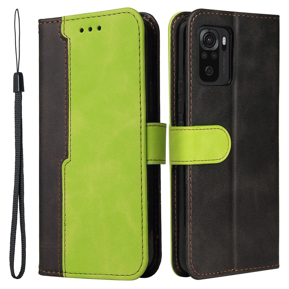 Fashion Color Splicing PU Leather Wallet Flip Protective Case Cover with Wrist Strap Magnetic Clasp for Xiaomi Redmi Note 10 5G / Note 10T 5G / Poco M3 Pro 5G / 4G