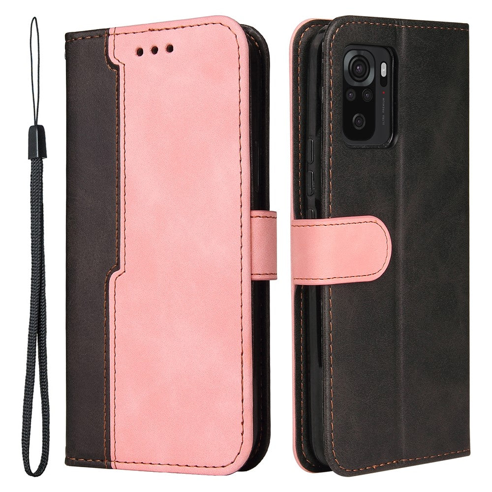 Fashion Color Splicing PU Leather Wallet Flip Protective Case Cover with Wrist Strap Magnetic Clasp for Xiaomi Redmi Note 10 5G / Note 10T 5G / Poco M3 Pro 5G / 4G