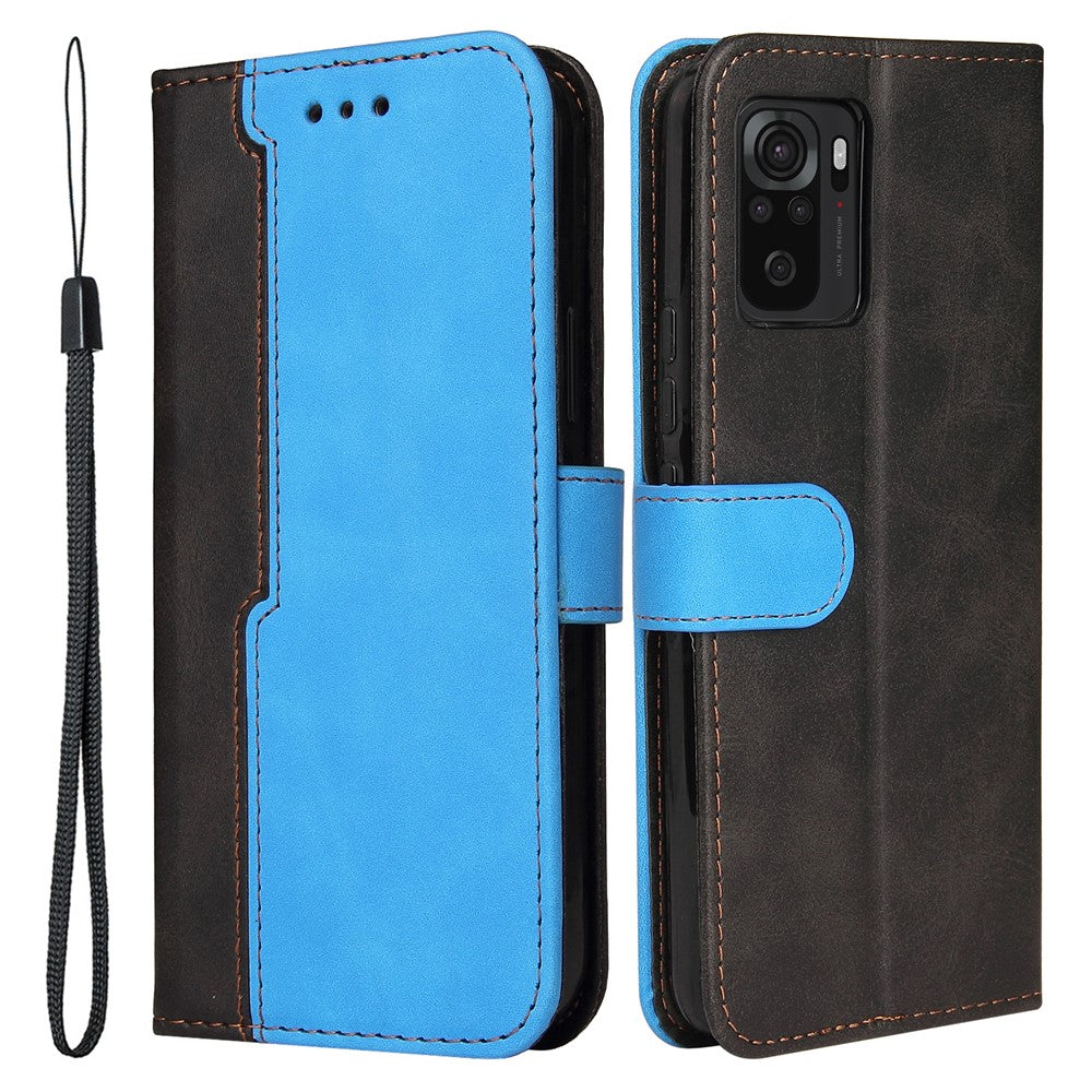 Fashion Color Splicing PU Leather Wallet Flip Protective Case Cover with Wrist Strap Magnetic Clasp for Xiaomi Redmi Note 10 5G / Note 10T 5G / Poco M3 Pro 5G / 4G