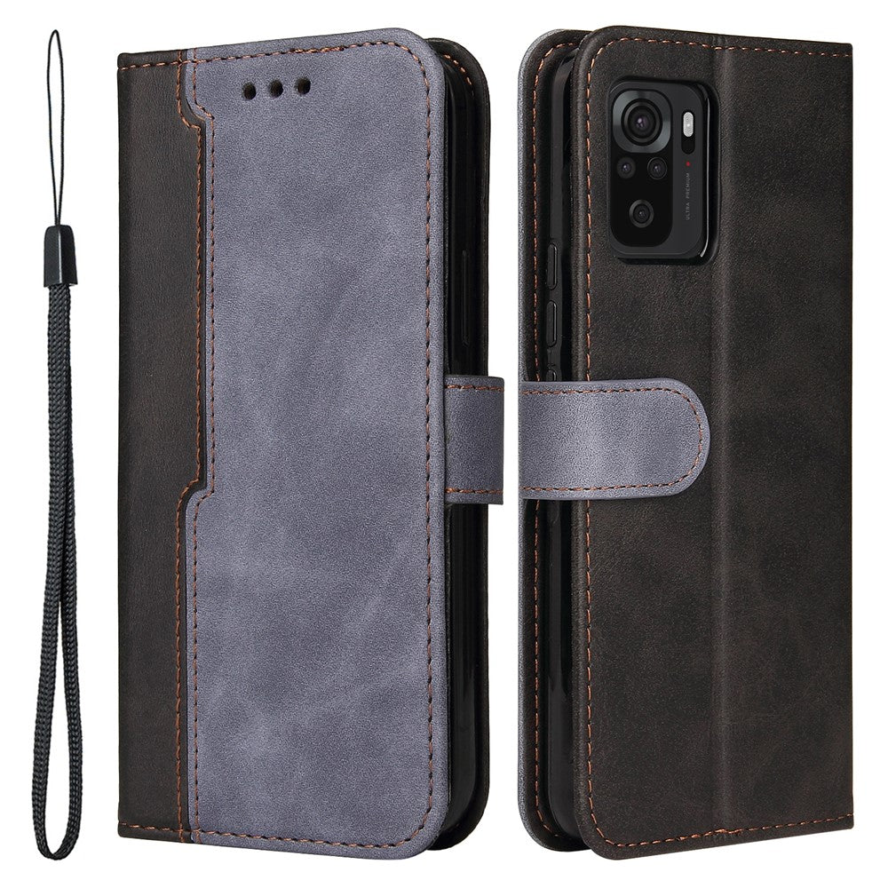 Fashion Color Splicing PU Leather Wallet Flip Protective Case Cover with Wrist Strap Magnetic Clasp for Xiaomi Redmi Note 10 5G / Note 10T 5G / Poco M3 Pro 5G / 4G