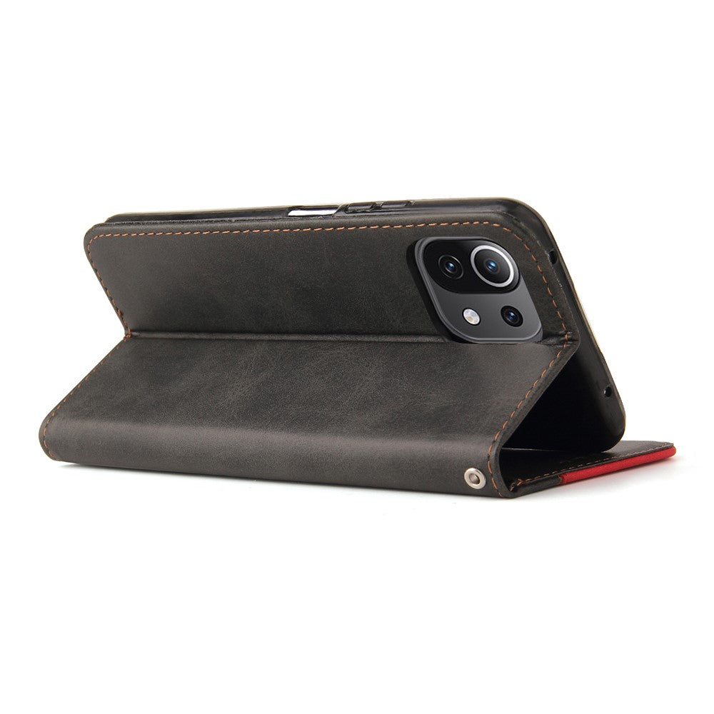 Two-Color Stitching Business Style Magnetic Soft PU Shockproof Flip Cover Wallet with Strap for Xiaomi Mi 11