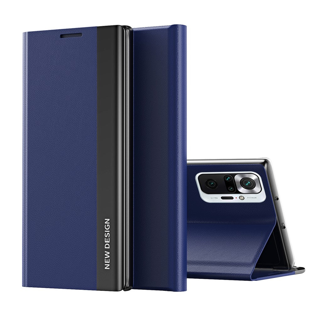 Full Protection Fall Proof Leather Phone Stand Case Shell for Xiaomi Redmi Note 10 Pro 4G (Global) / Note 10 Pro 4G (India)- Dark Blue
