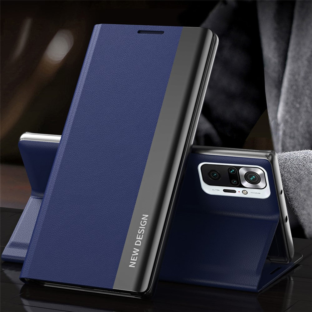 Full Protection Fall Proof Leather Phone Stand Case Shell for Xiaomi Redmi Note 10 Pro 4G (Global) / Note 10 Pro 4G (India)- Dark Blue