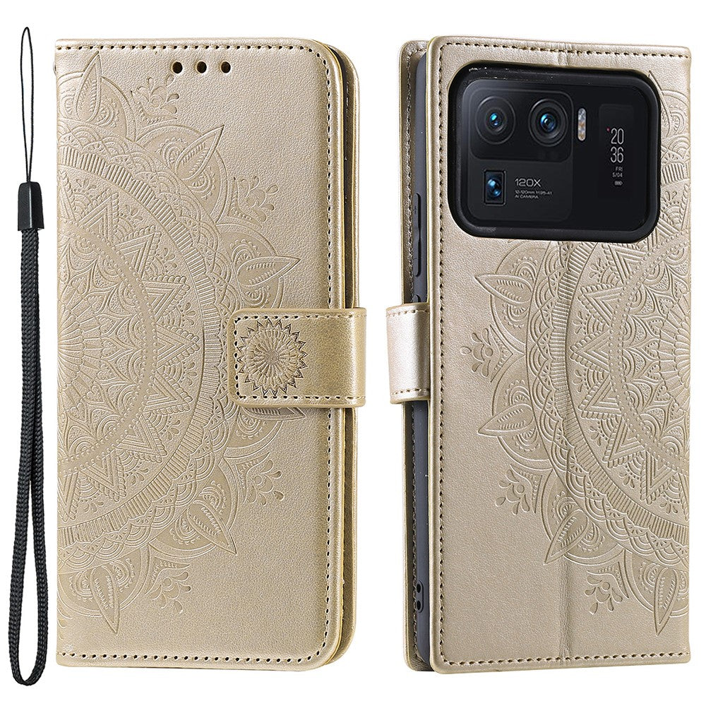 Imprinted Mandala Pattern PU Leather Wallet Stand Case with Strap for Xiaomi Mi 11 Ultra