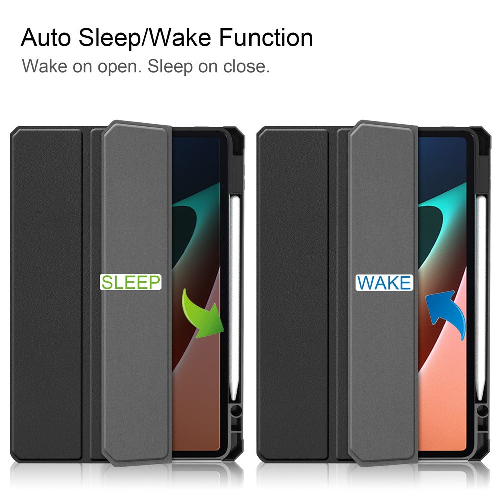 For Xiaomi Pad 5/Pad 5 Pro Slim Case Tri-fold Stand PU Leather Shockproof Tablet Cover with Pencil Holder Support Auto Wake/Sleep