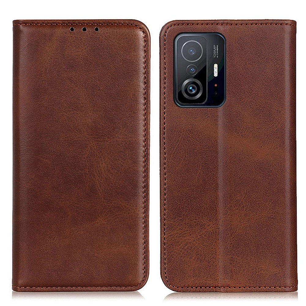 Split Leather Auto-absorbed Anti-drop Shockproof Wallet Stand Phone Cover for Xiaomi 11T/11T Pro