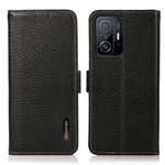 KHAZNEH Litchi Texture Viewer Stand Äkta Läder RFID-blockerande Anti-Stöld Svepbart Flip Folio Plånboksfodral för Xiaomi 11T / 11T Pro
