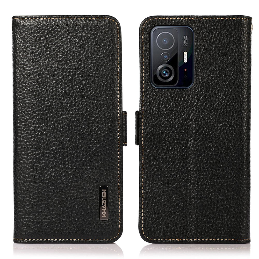 KHAZNEH Litchi Texture Viewer Stand Äkta Läder RFID-blockerande Anti-Stöld Svepbart Flip Folio Plånboksfodral för Xiaomi 11T / 11T Pro