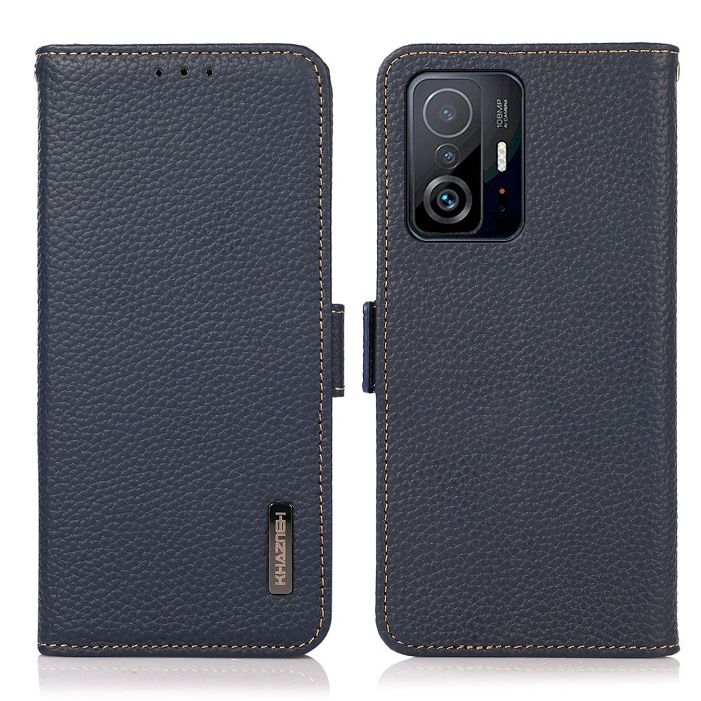 KHAZNEH Litchi Texture Viewing Stand Genuine Leather RFID Blocking Anti-theft Swiping Flip Folio Wallet Case for Xiaomi 11T / 11T Pro