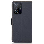 KHAZNEH Litchi Texture Viewing Stand Genuine Leather RFID Blocking Anti-theft Swiping Flip Folio Wallet Case for Xiaomi 11T / 11T Pro