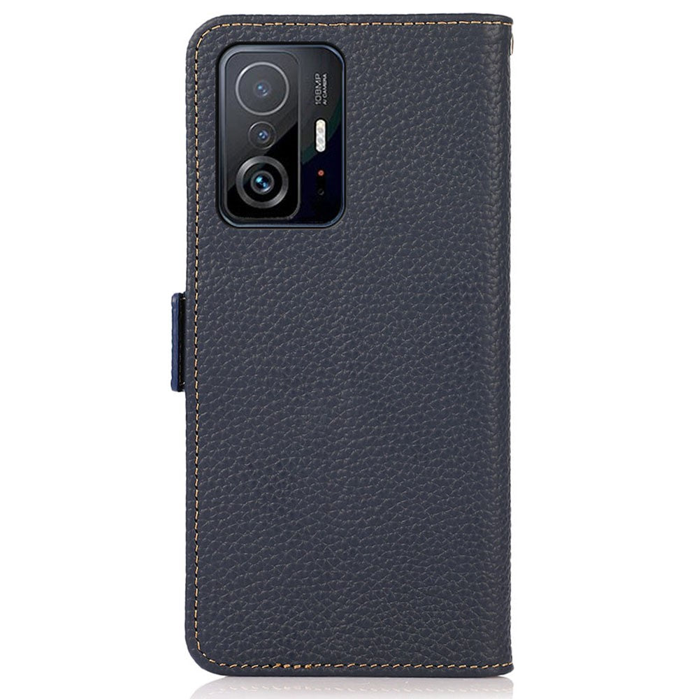 KHAZNEH Litchi Texture Viewing Stand Genuine Leather RFID Blocking Anti-theft Swiping Flip Folio Wallet Case for Xiaomi 11T / 11T Pro