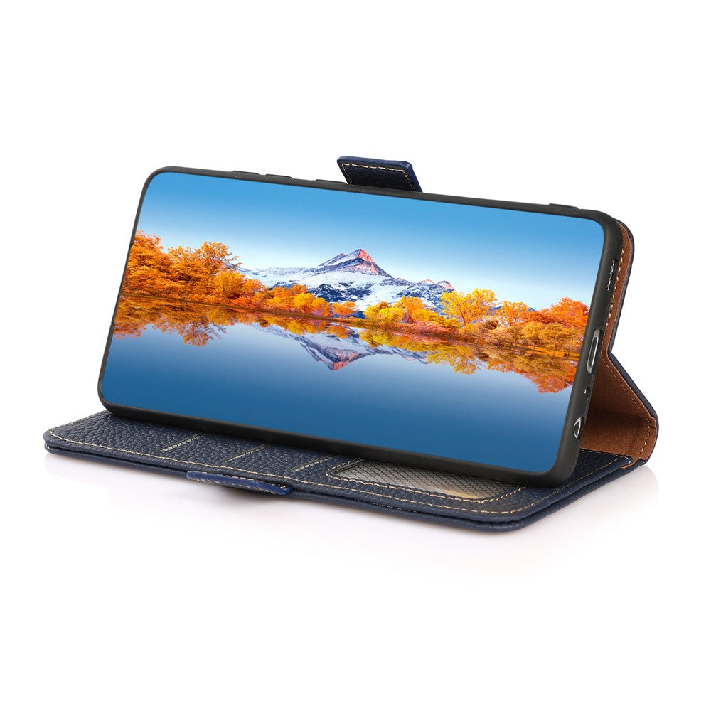 KHAZNEH Litchi Texture Viewing Stand Genuine Leather RFID Blocking Anti-theft Swiping Flip Folio Wallet Case for Xiaomi 11T / 11T Pro