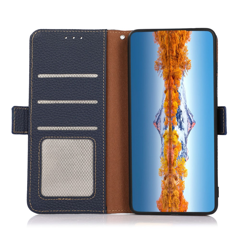 KHAZNEH Litchi Texture Viewing Stand Genuine Leather RFID Blocking Anti-theft Swiping Flip Folio Wallet Case for Xiaomi 11T / 11T Pro