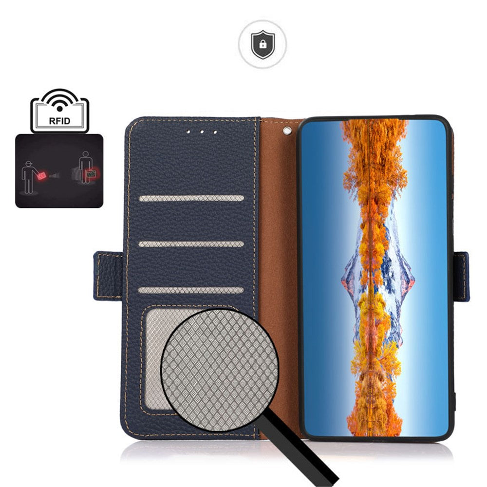 KHAZNEH Litchi Texture Viewing Stand Genuine Leather RFID Blocking Anti-theft Swiping Flip Folio Wallet Case for Xiaomi 11T / 11T Pro