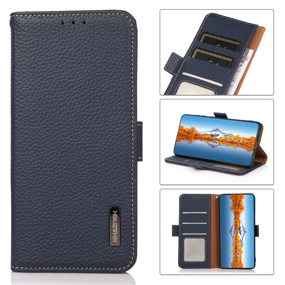 KHAZNEH Litchi Texture Viewing Stand Genuine Leather RFID Blocking Anti-theft Swiping Flip Folio Wallet Case for Xiaomi 11T / 11T Pro