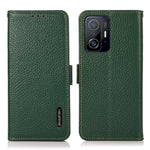 KHAZNEH Litchi Texture Viewer Stand Äkta Läder RFID-blockerande Anti-Stöld Svepbart Flip Folio Plånboksfodral för Xiaomi 11T / 11T Pro